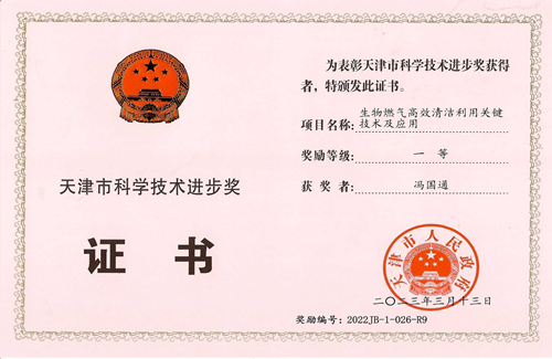 荣获个人一等奖证书“天津市科学技术进步奖”